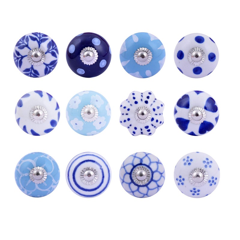 FOLK CRAFT Assorted Cabinet Knobs - Set of 12 Pcs - Handmade Ceramic Drawer Pull Handle Kitchen Cupboard Wardrobe Knob Rajasthani Home Decor - Blue - Image 1